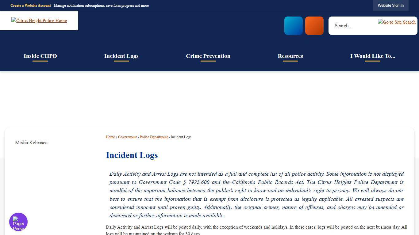 Incident Logs Citrus Heights, CA - Official Website